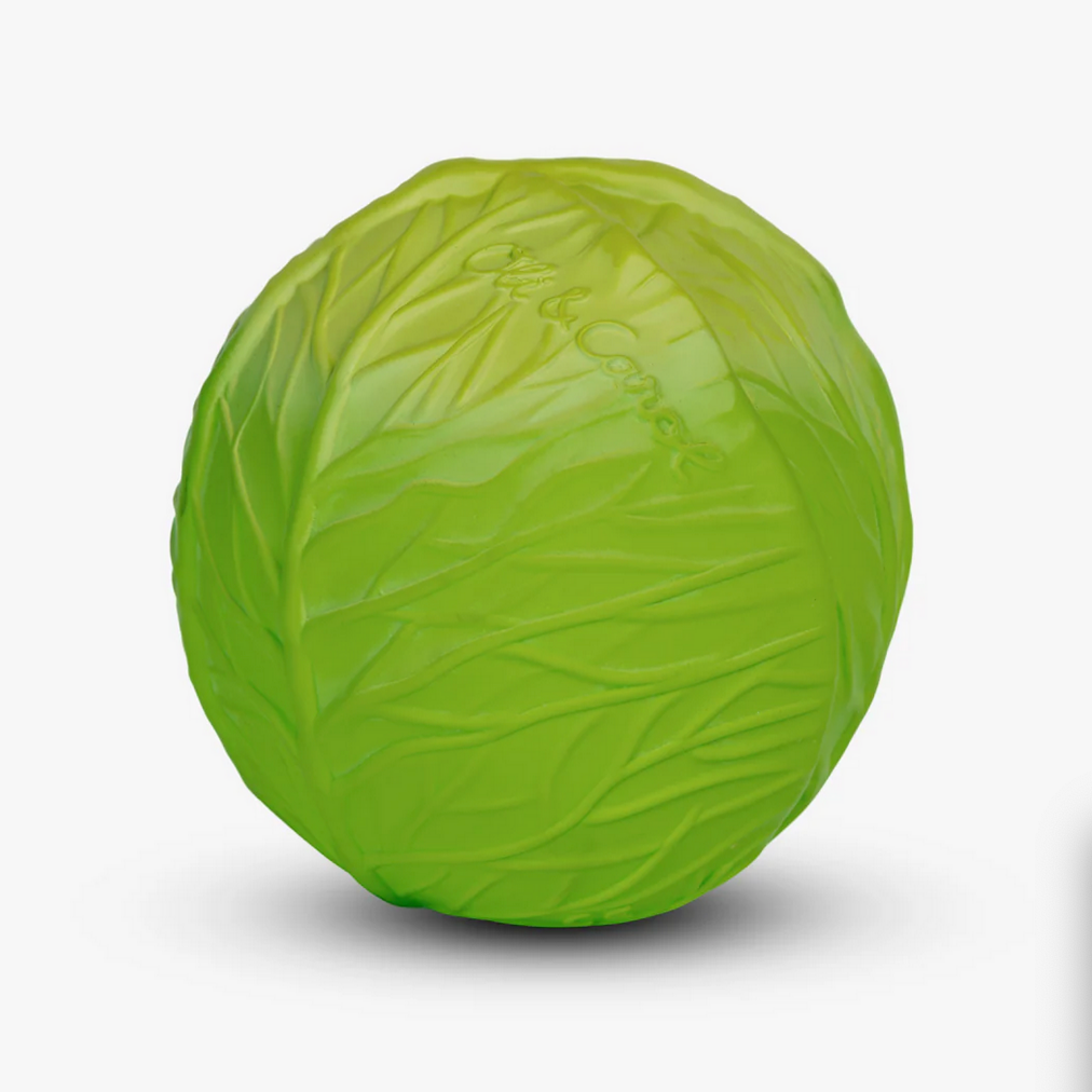 A green cabbage-shaped baby toy made from natural rubber.