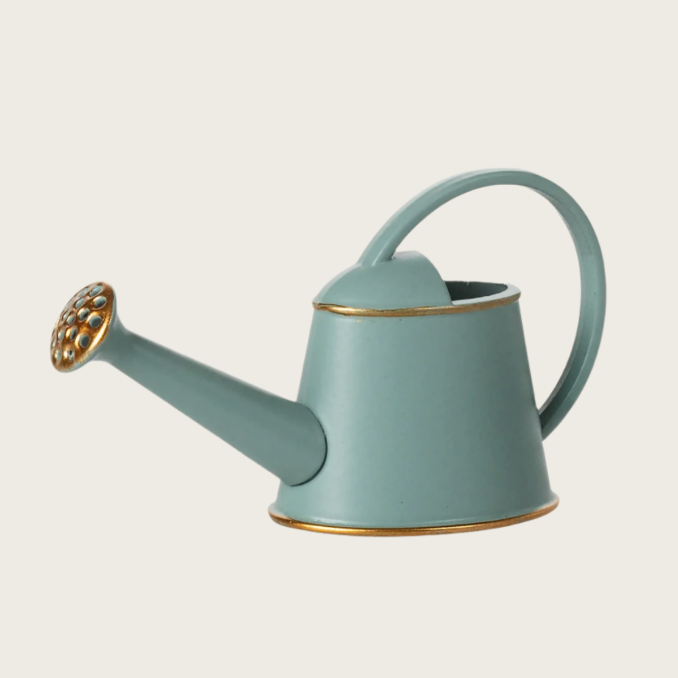 A light blue watering can with a gold-colored spout and handle details.