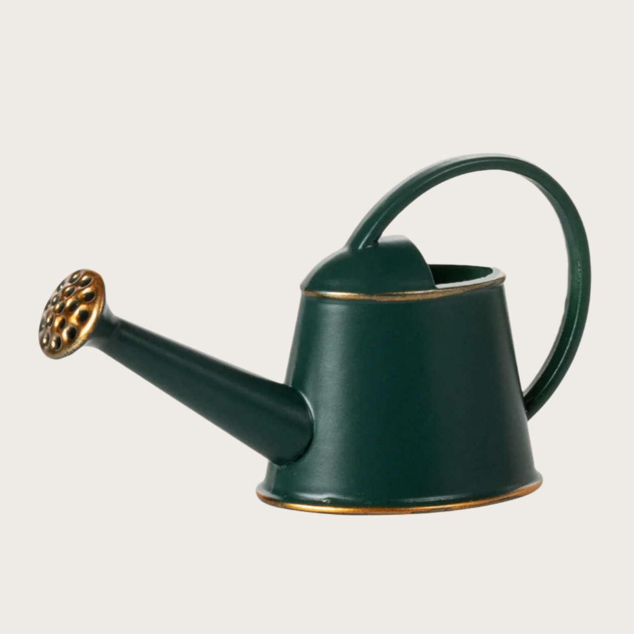 A dark green watering can with gold accents on the handle and spout, designed for toy mice.