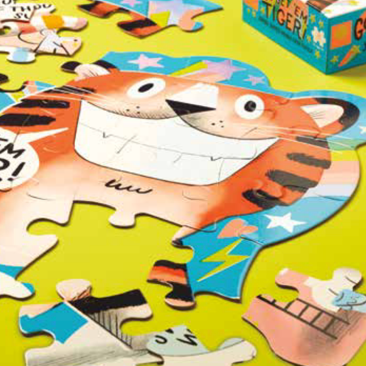 Children's puzzle with a tiger design on a green background