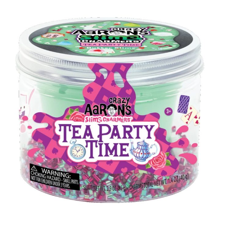 Crazy Aaron's Slime Charmer jar labeled 'Tea Party Time' on a white background