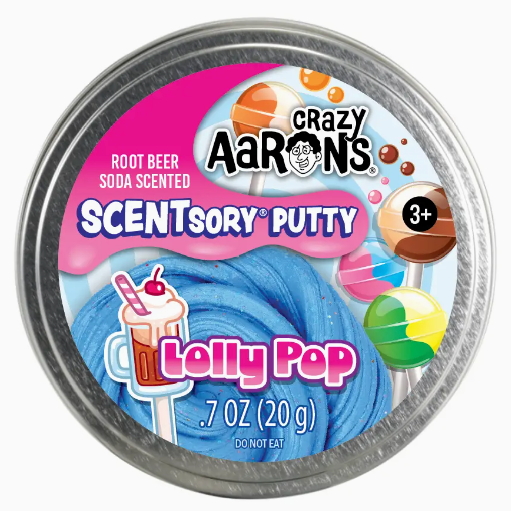 Crazy Aaron's Scentsory Putty container with blue putty inside, root beer soda scented.