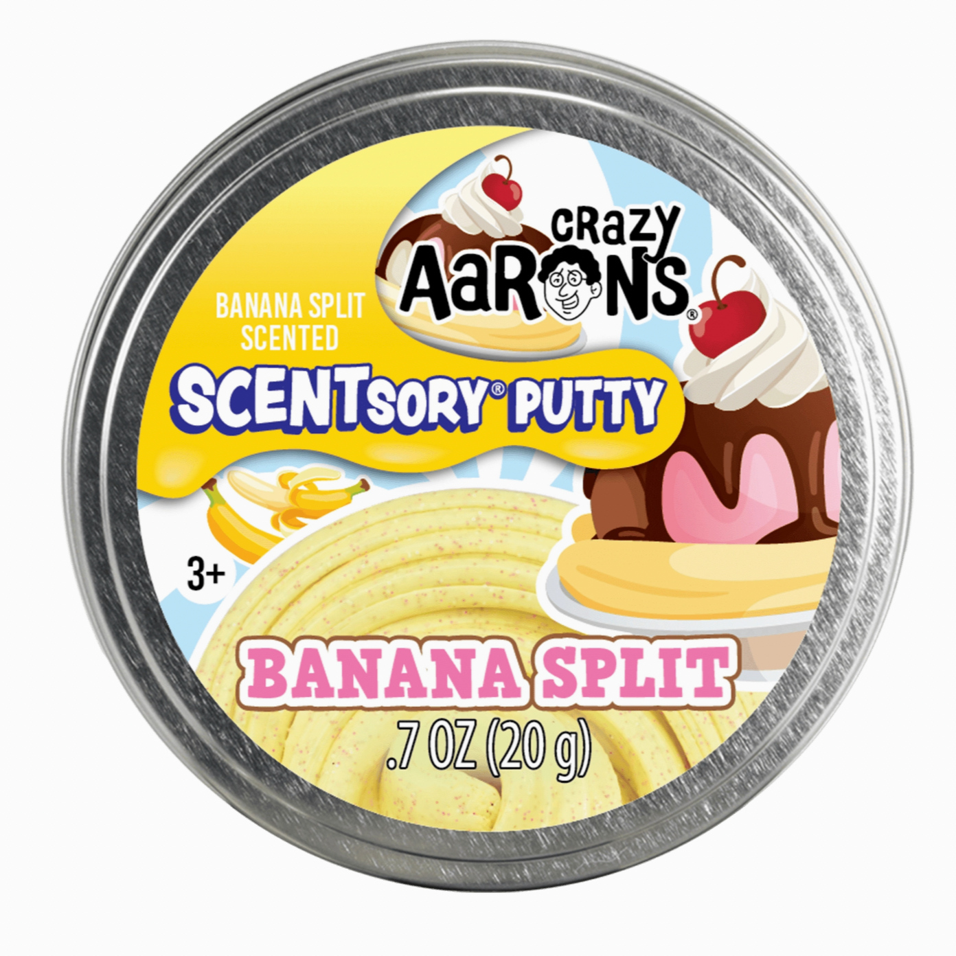 Crazy Aaron's Scentsory Putty container with banana split design on a white background