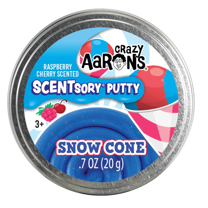 Crazy Aaron's Scentsory Putty container with blue putty, raspberry and cherry graphics on a white background