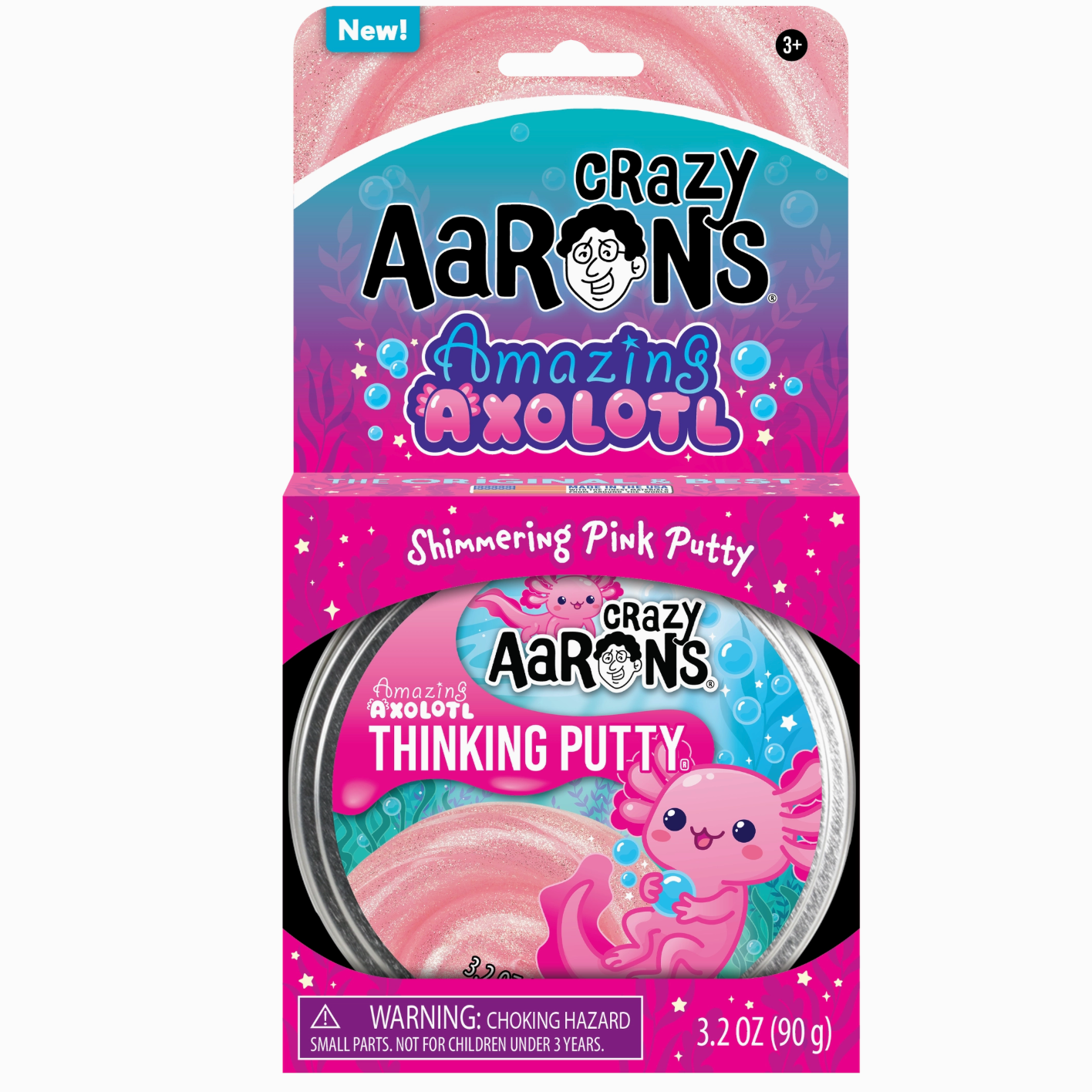 Crazy Aaron's Amazing Axolotl Thinking Putty packaging with pink putty inside