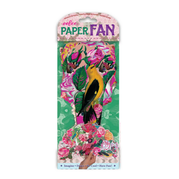 Packaged paper fan with colorful design on a white background