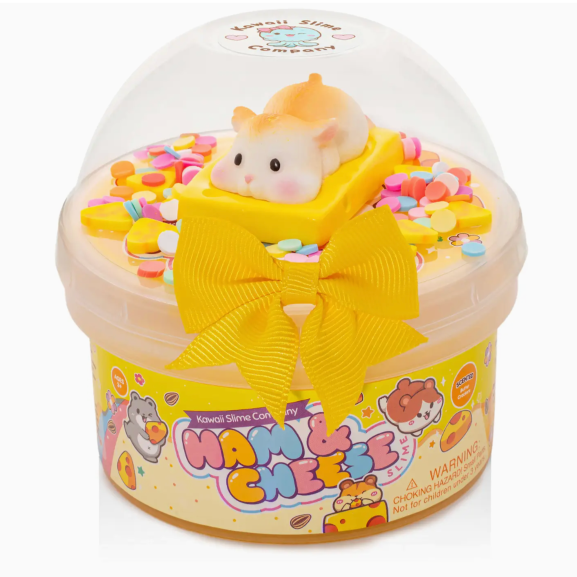 Squishy toy in a transparent container with colorful packaging on a white background