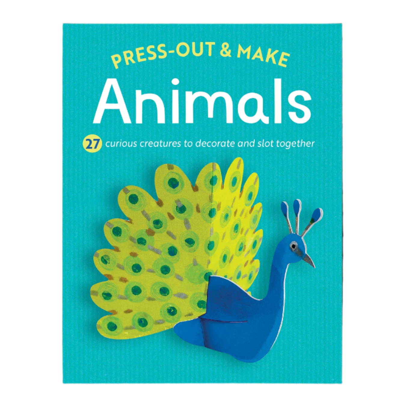 Book cover of 'Press-Out & Make Animals' with a peacock illustration on a blue background