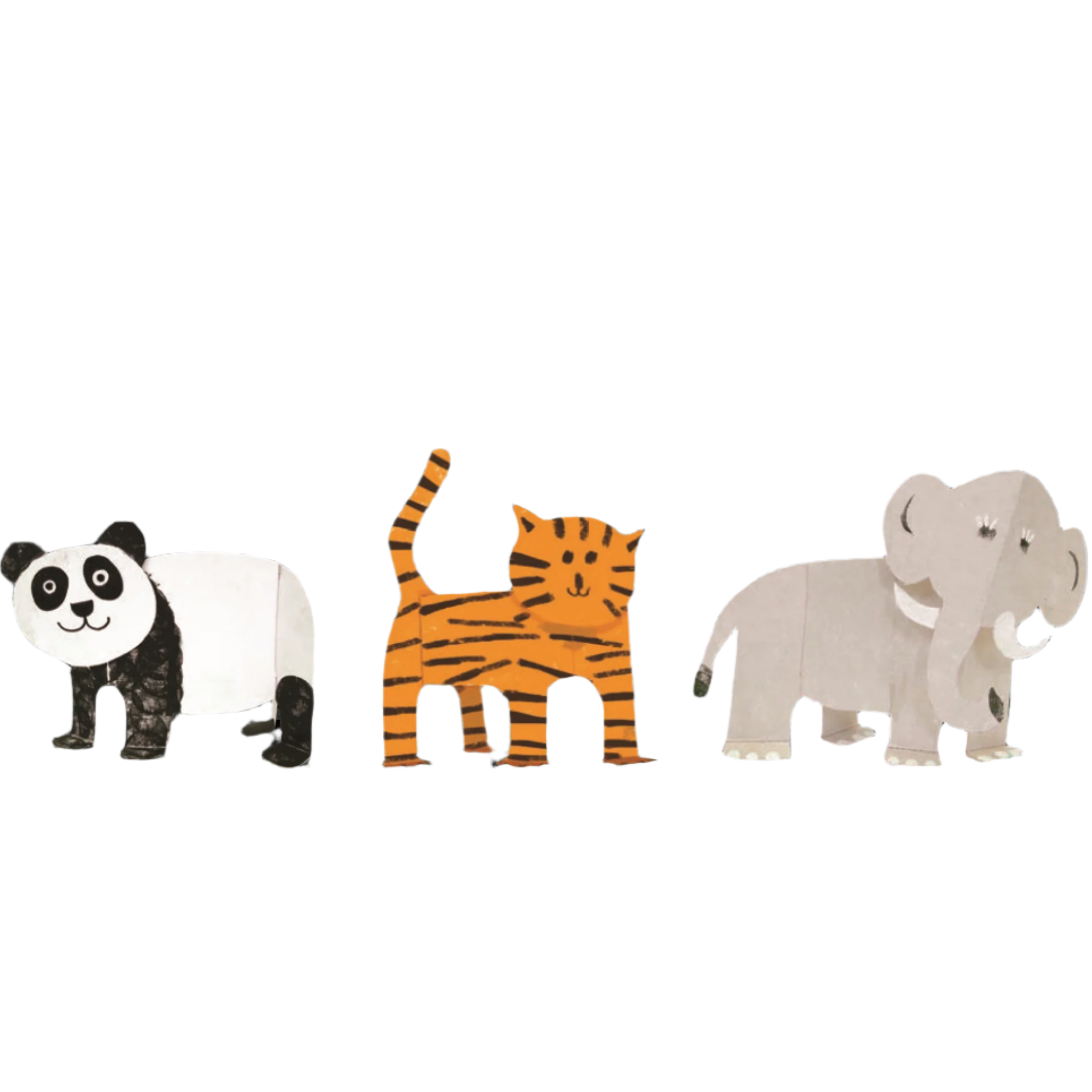 Three animal figurines: panda, tiger, and elephant, on a white background