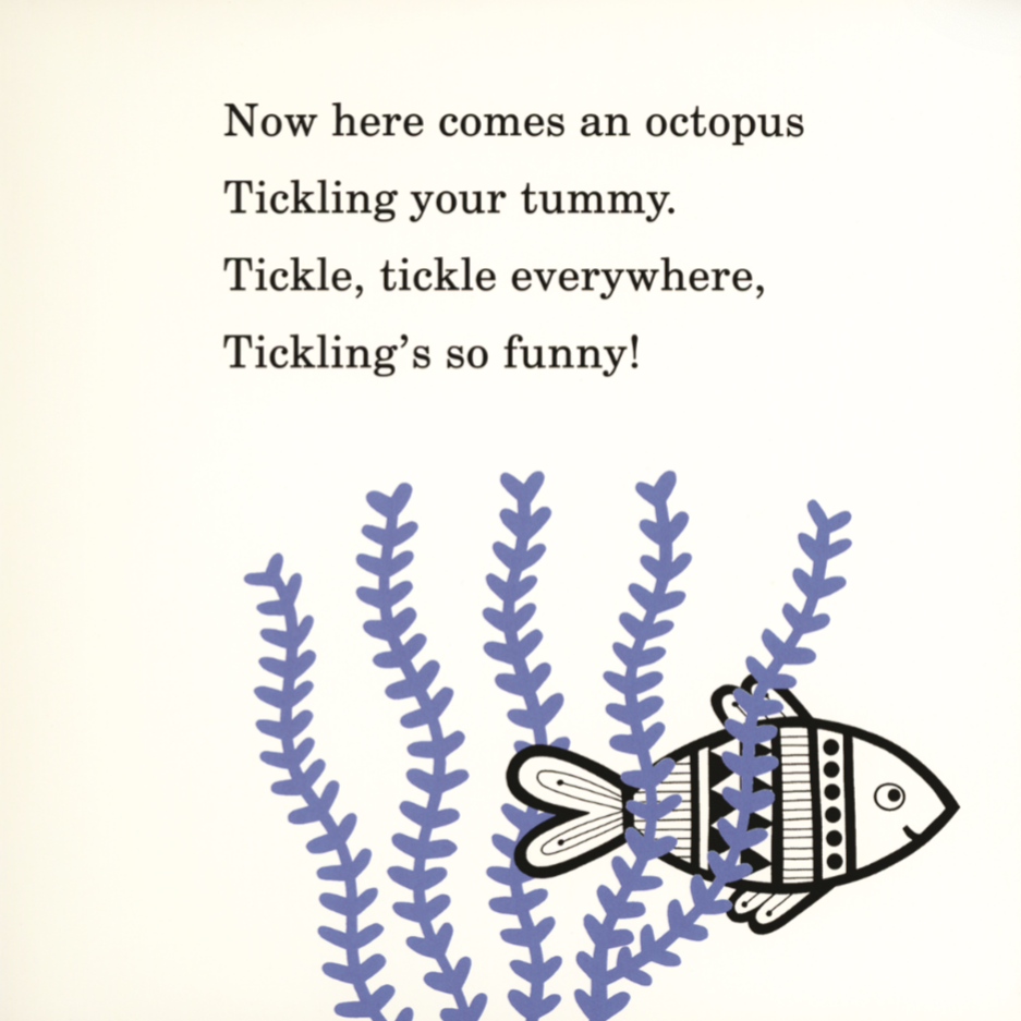 Children's book illustration with text and an octopus tickling a fish underwater.