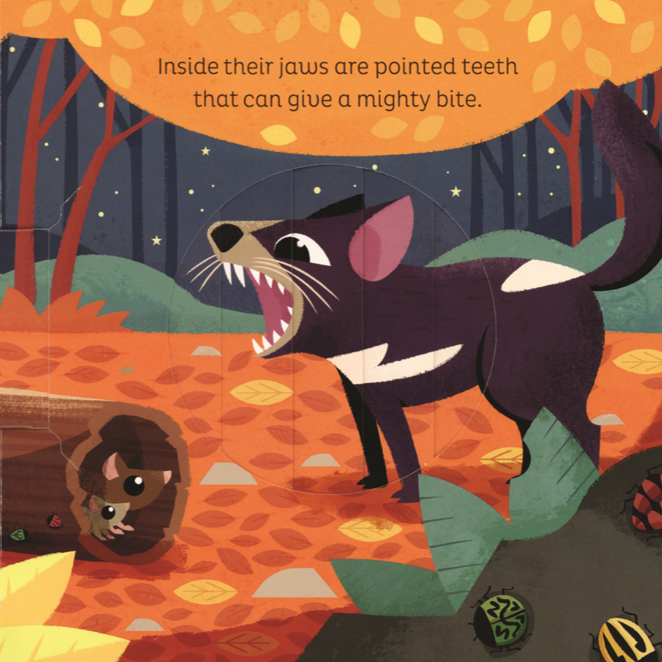 Illustration of a wolf and a mouse in a forest setting with text about pointed teeth.