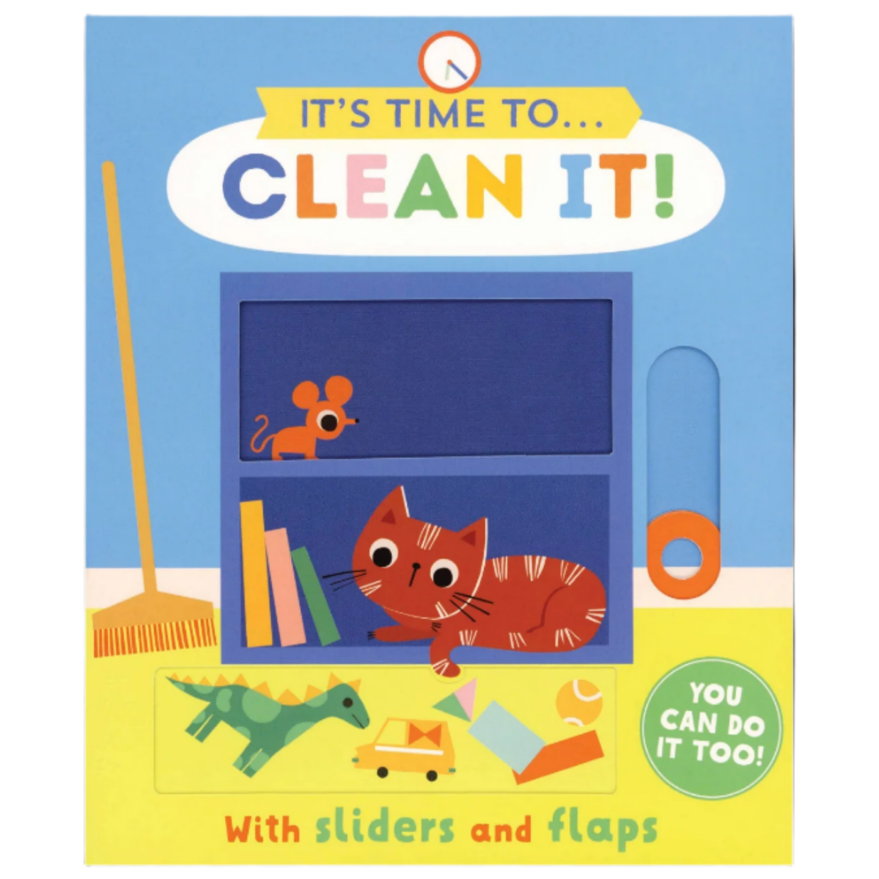 Children's book cover titled 'It's Time to Clean It!' with illustrations of a cat, mouse, and toys.