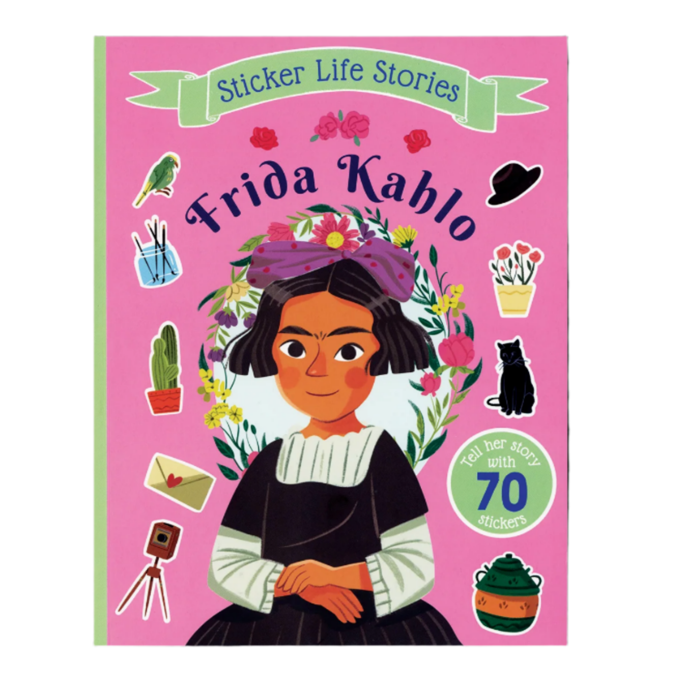 Book cover of 'Frida Kahlo' sticker book with illustrations and text on a pink background