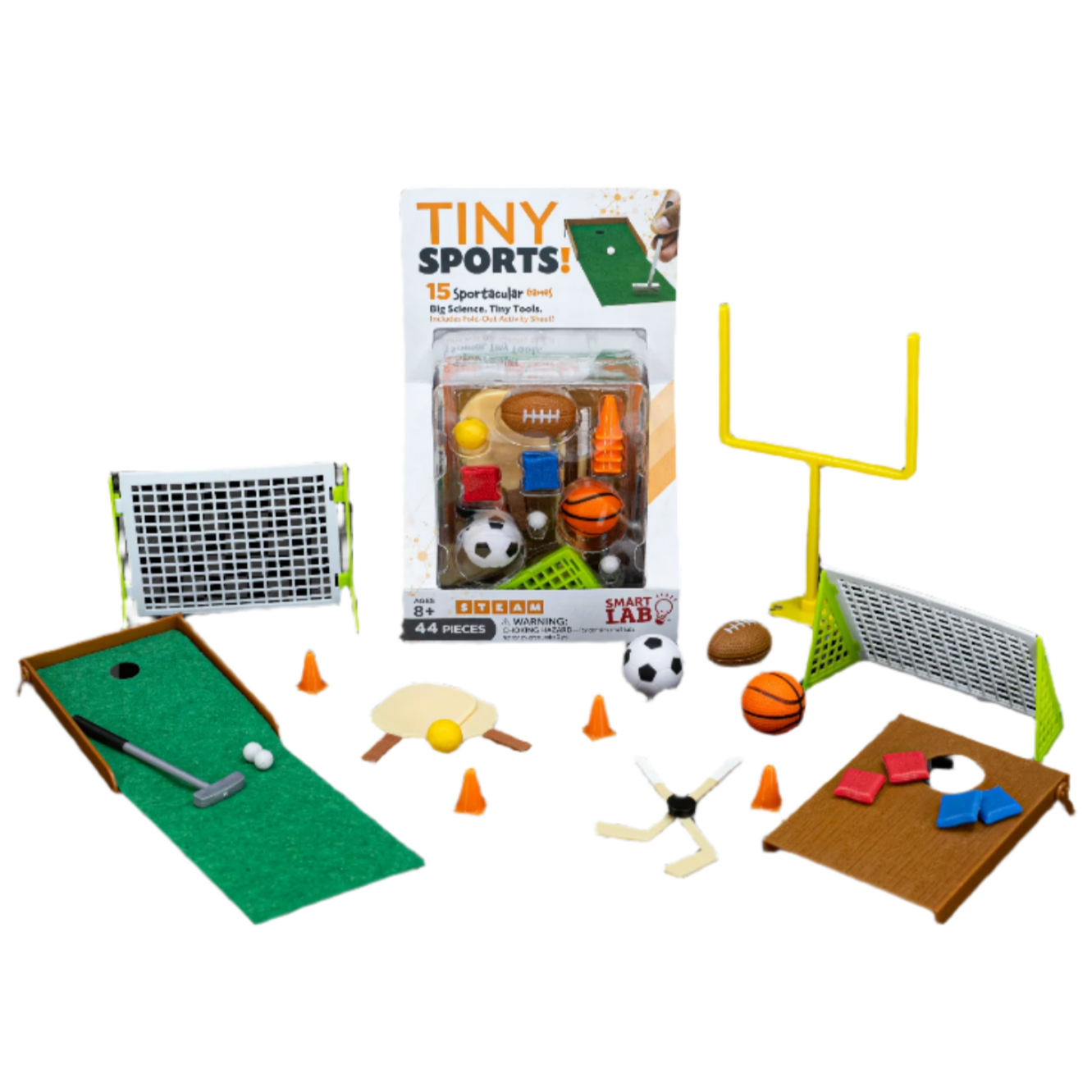 Collection of miniature sports equipment and accessories with packaging on a white background