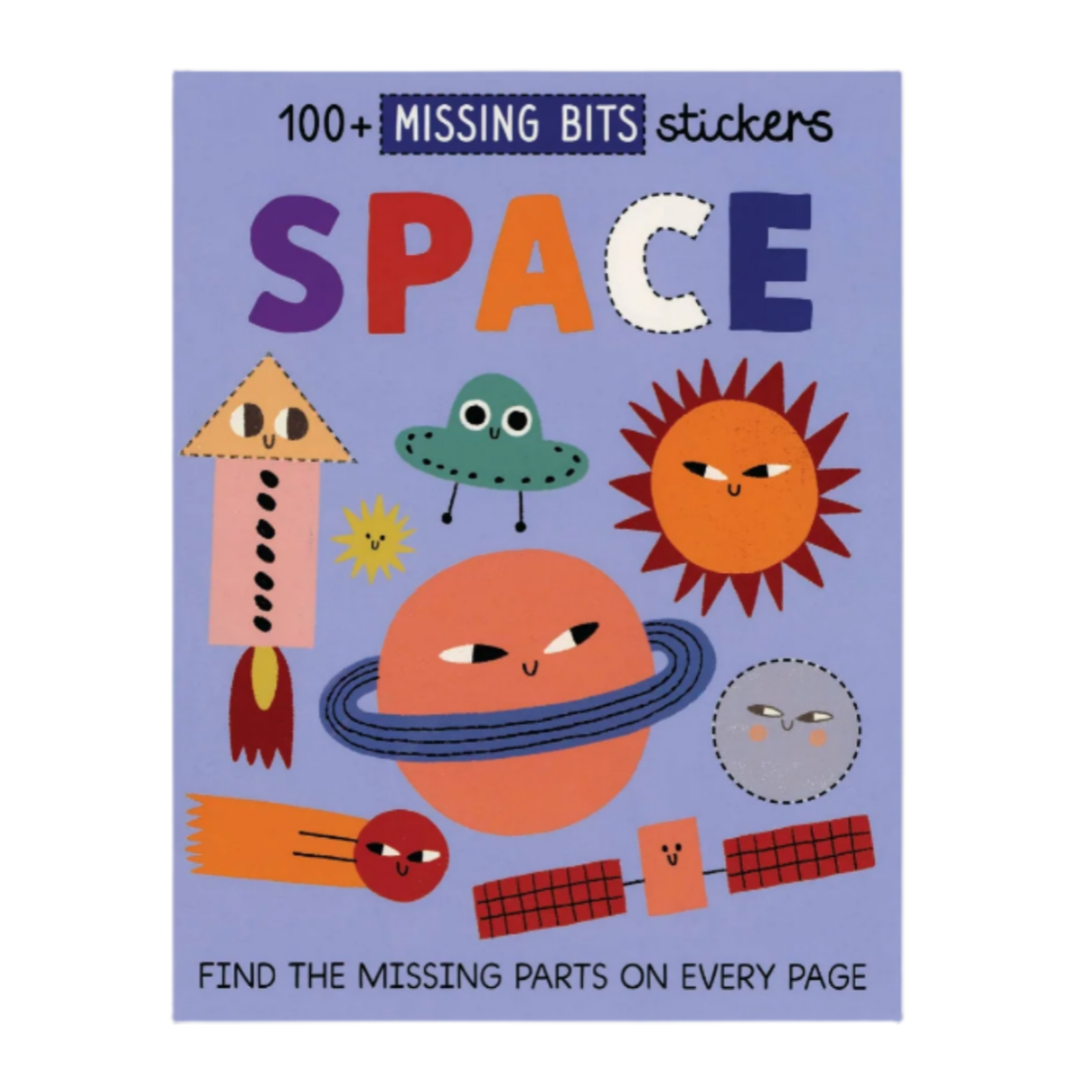 Book cover of '100+ Missing Bits stickers: Space' with colorful space-themed illustrations on a purple background.