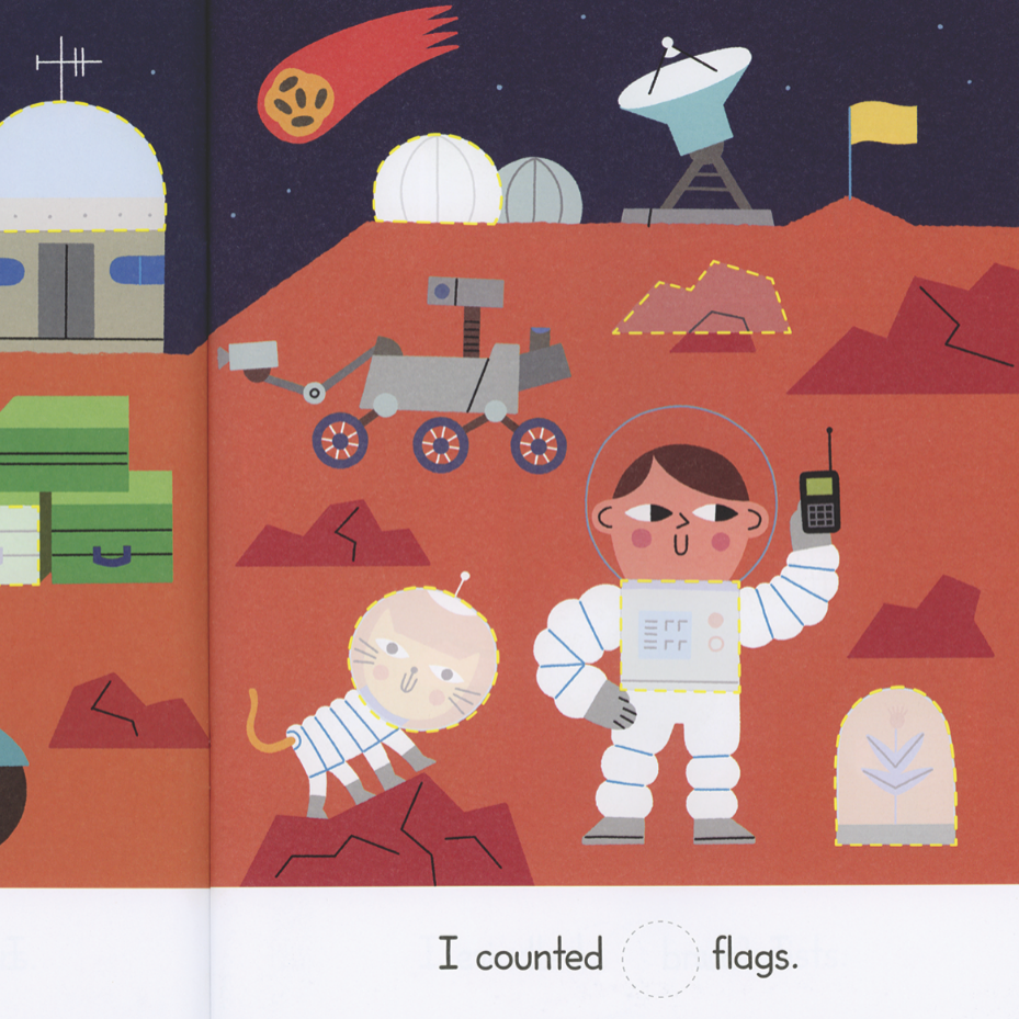 Illustration of an astronaut and rover on a Mars-like surface with text 'I counted flags.'