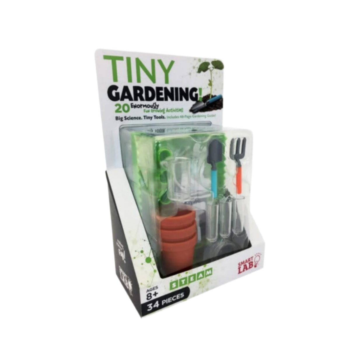 Product packaging for 'Tiny Gardening' with gardening tools and a pot on a white background.