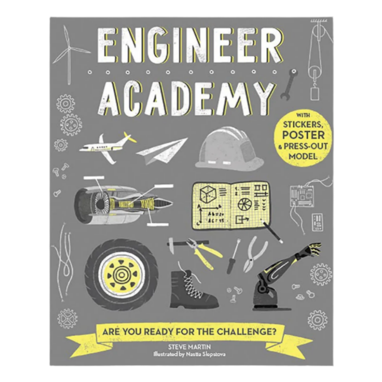 Poster design for 'Engineer Academy' with various engineering tools and symbols on a gray background.