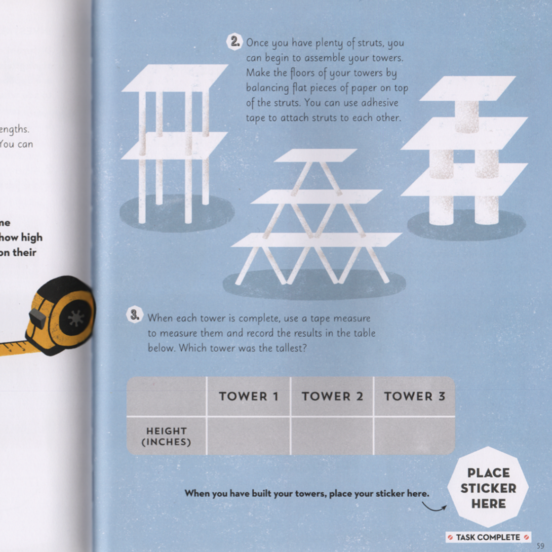 Educational page with instructions on building paper towers and measuring them.