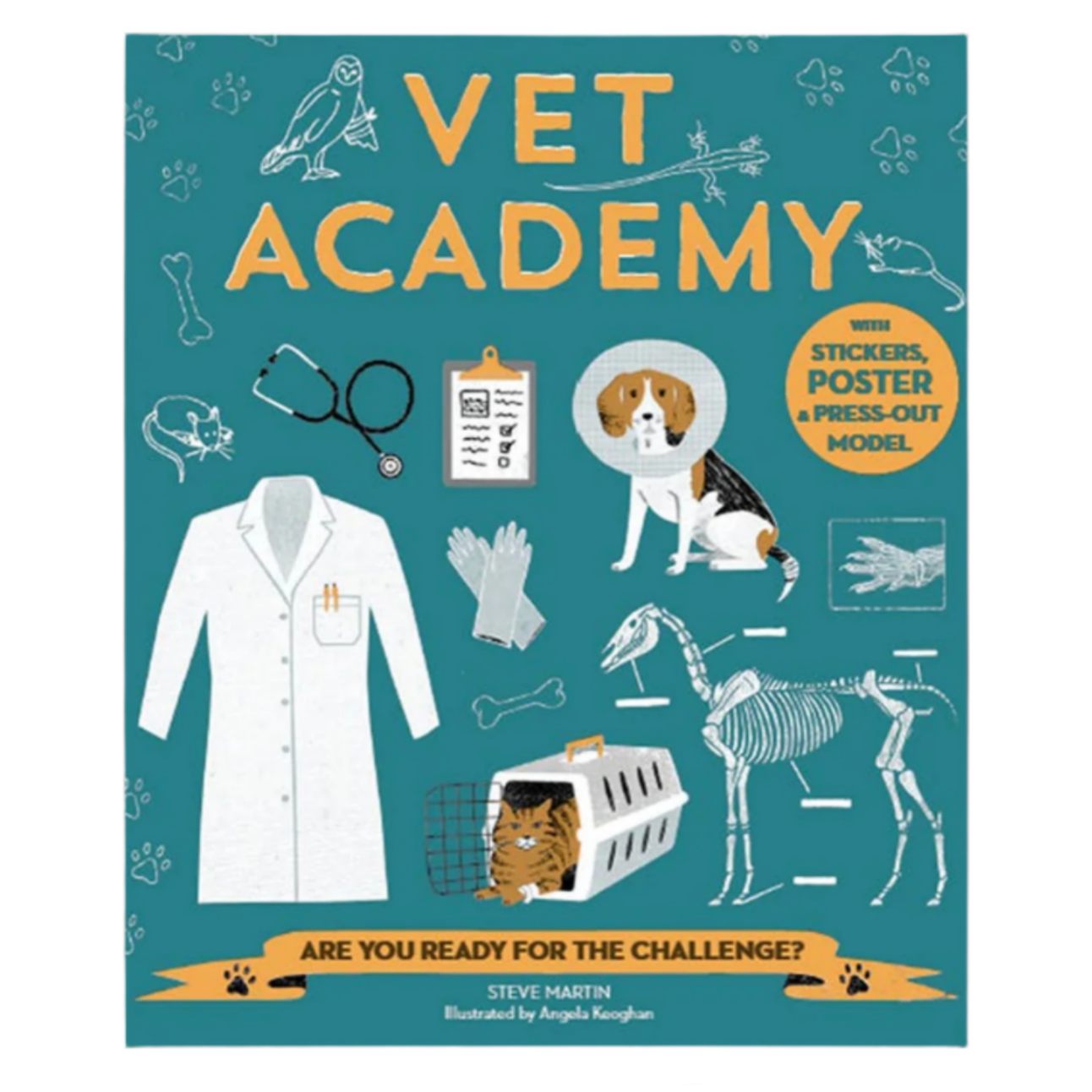 Book cover of 'Vet Academy' with illustrations of a vet's coat, animal bones, and medical tools on a blue background.