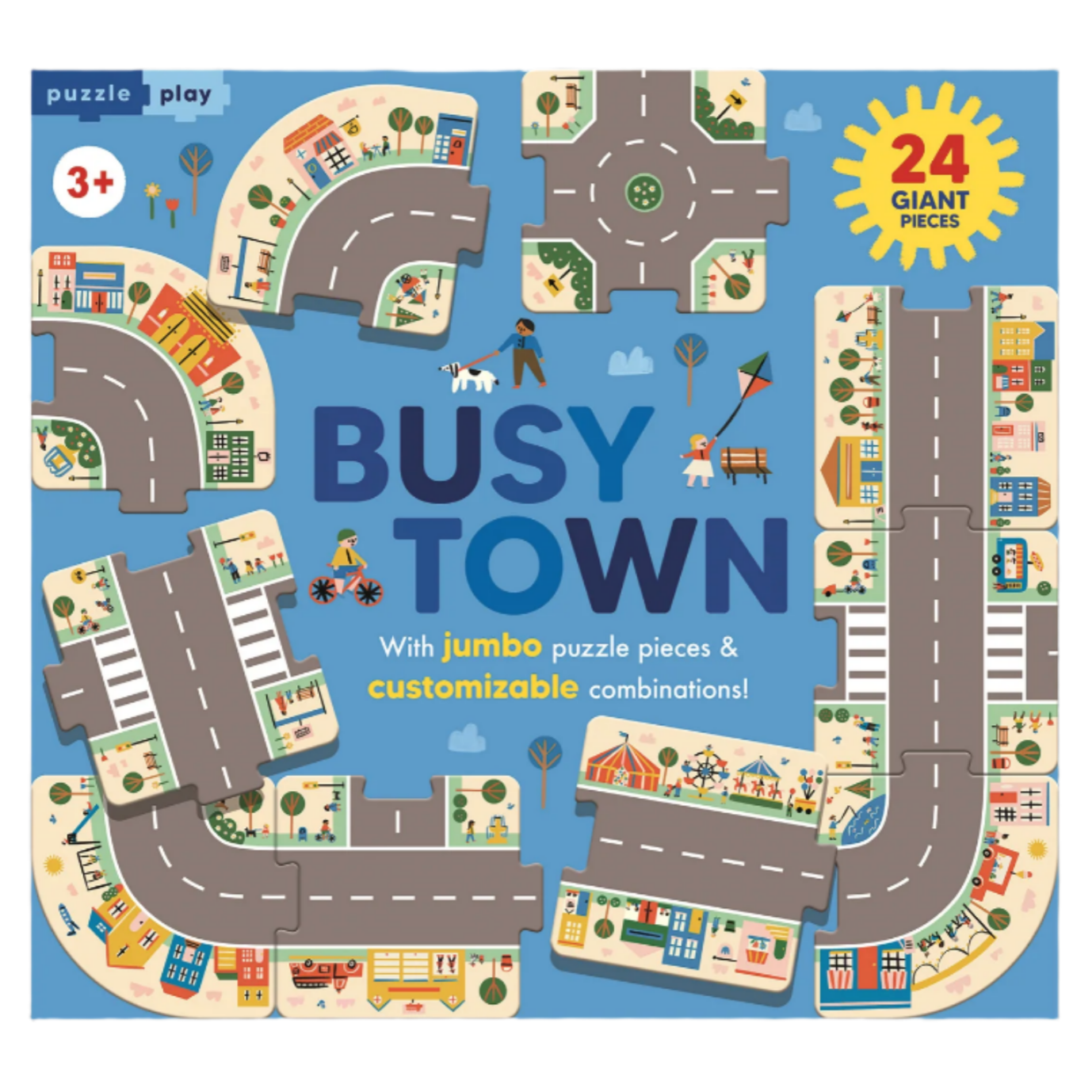 Cover of a children's puzzle book titled 'Busy Town' with colorful illustrations on a blue background.