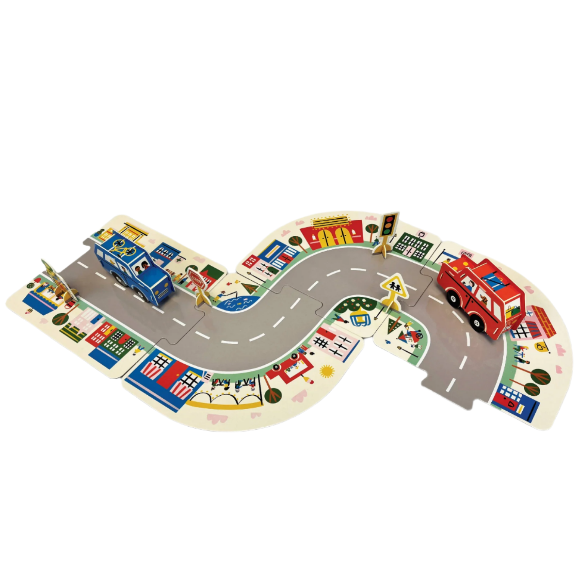 Children's play mat with roads, cars, and buildings.