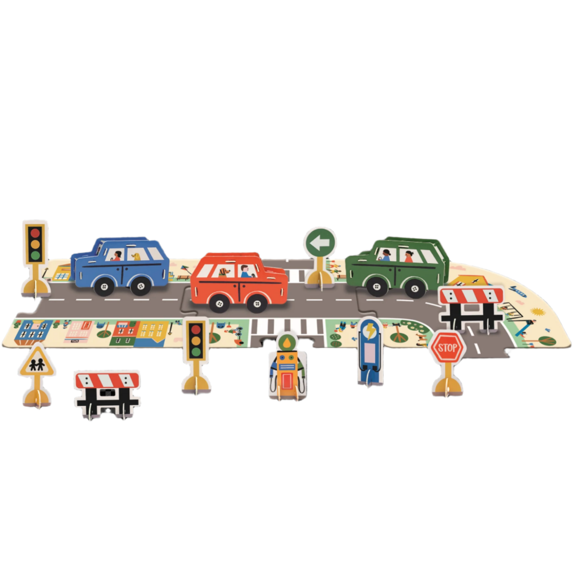 Toy traffic setup with cars, traffic lights, and road signs on a computer screen.