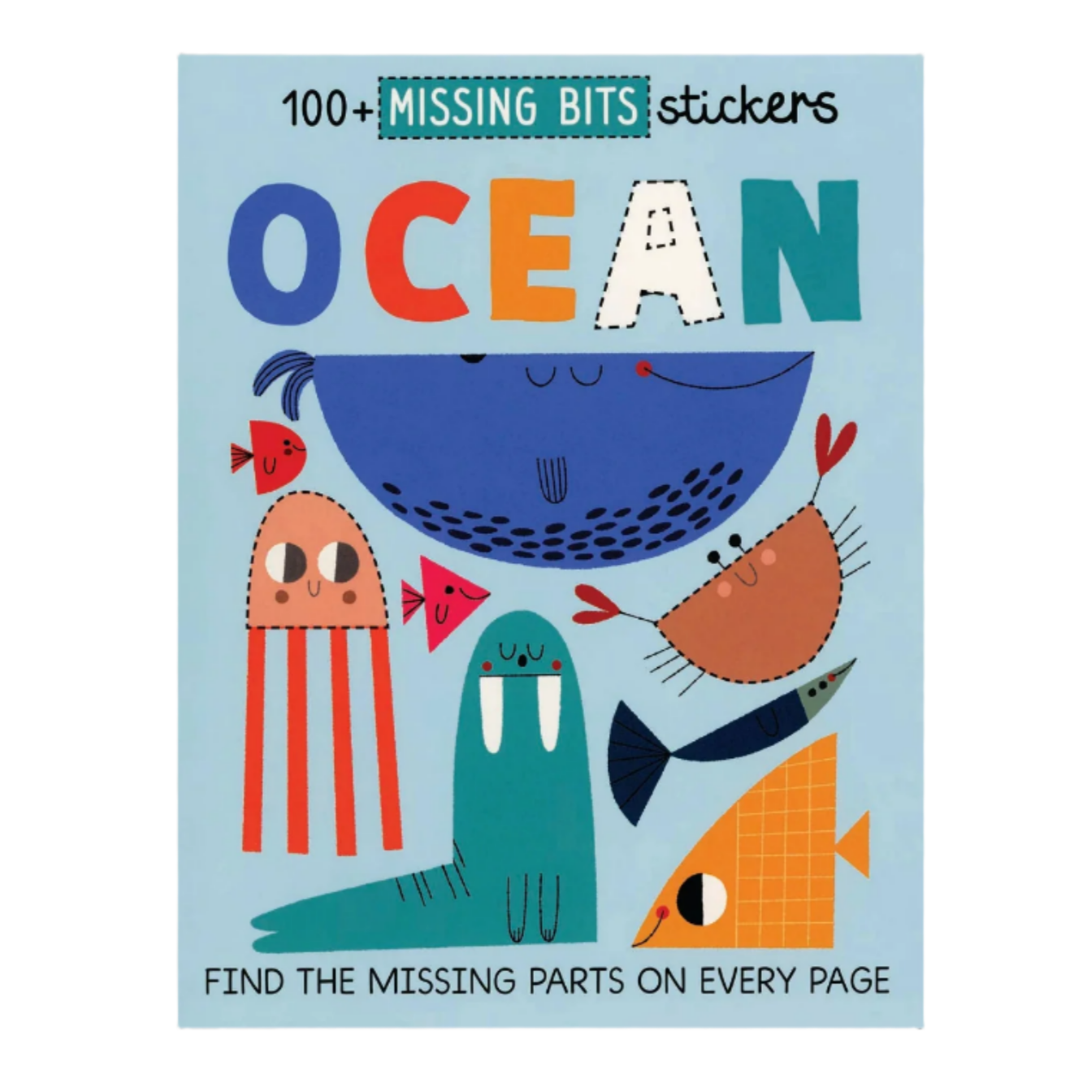 Sticker book cover with ocean-themed illustrations on a blue background