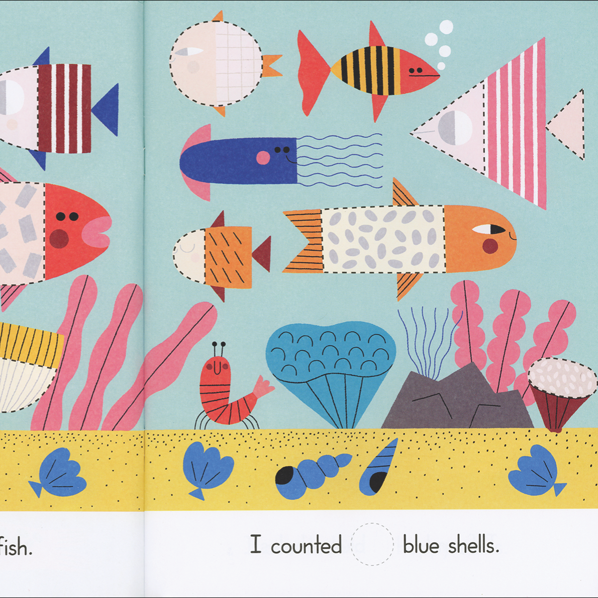 Illustrated book page with colorful fish and sea creatures on a blue background