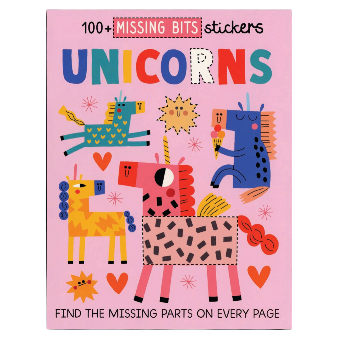 Sticker book cover with colorful unicorns on a pink background