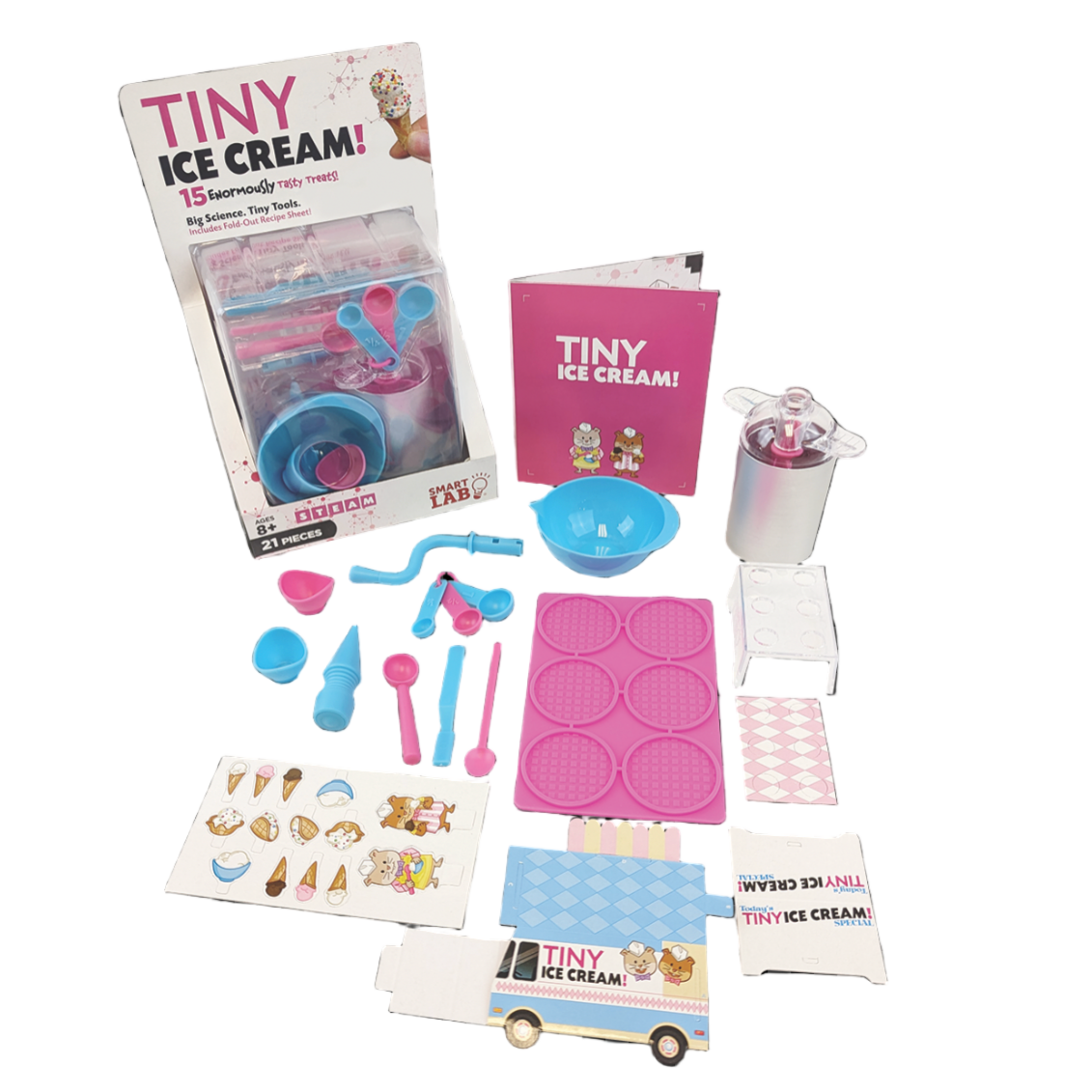 Product set with 'Tiny Ice Cream' packaging and accessories on a white background