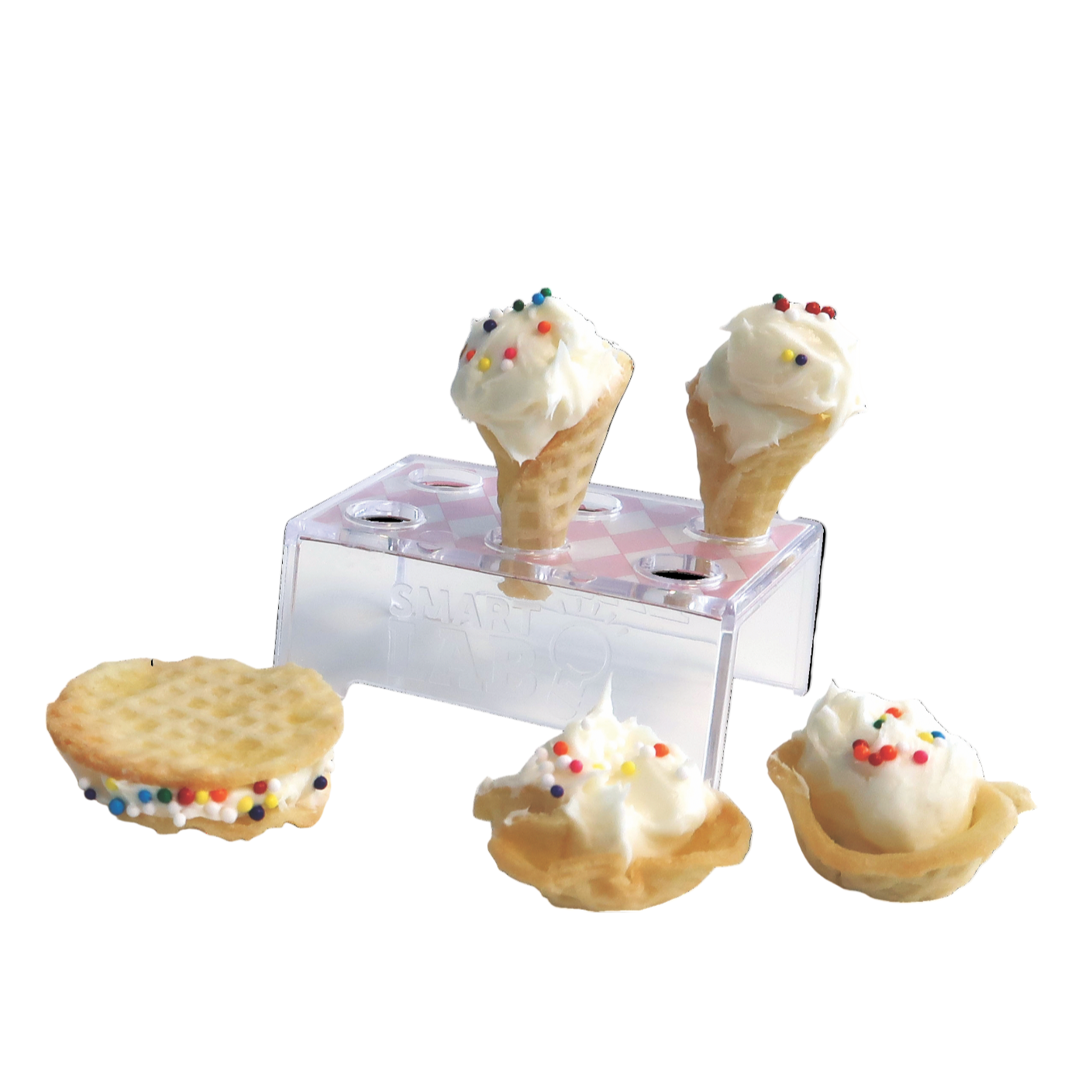 Miniature ice cream cones with whipped cream and cookies on a white background