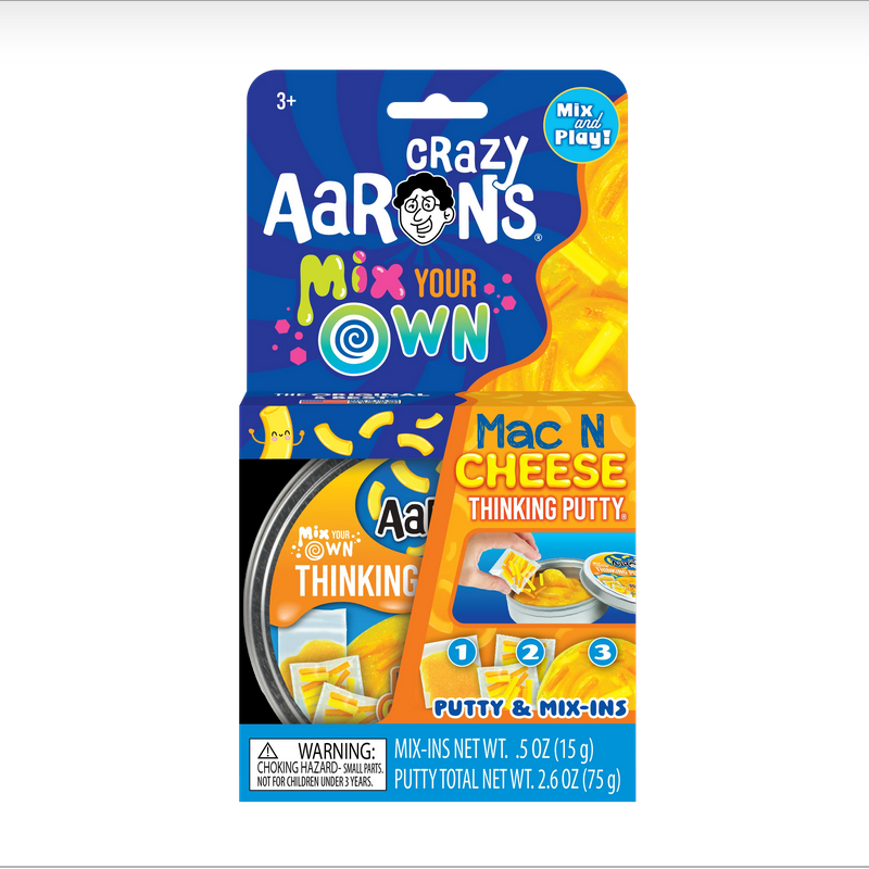Crazy Aaron's Mix Your Own Mac N Cheese Thinking Putty packaging on a white background