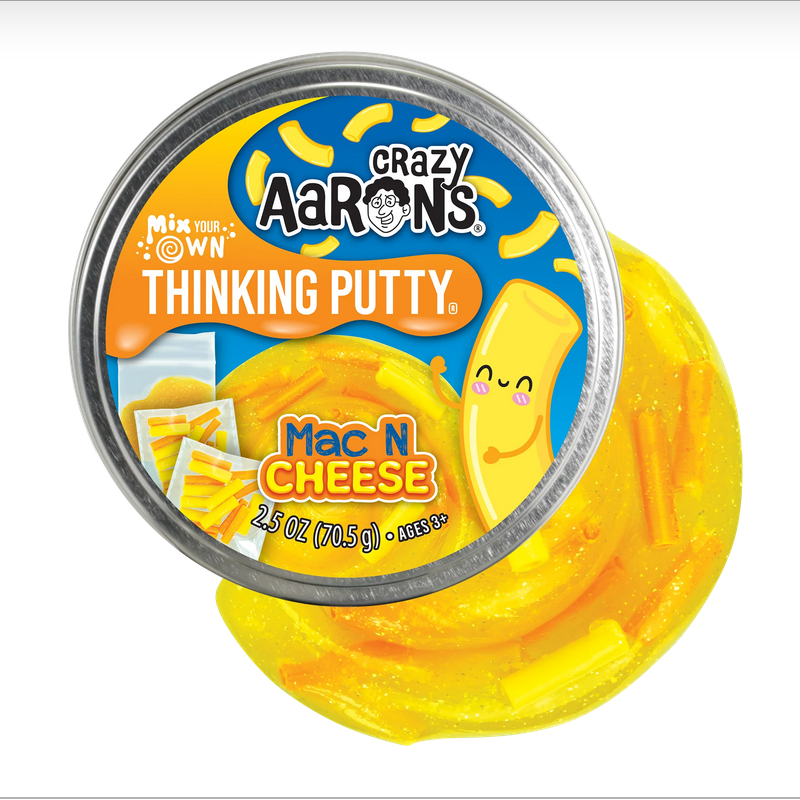 Crazy Aaron's Thinking Putty container with yellow putty and 'Mac N Cheese' flavor text on a white background