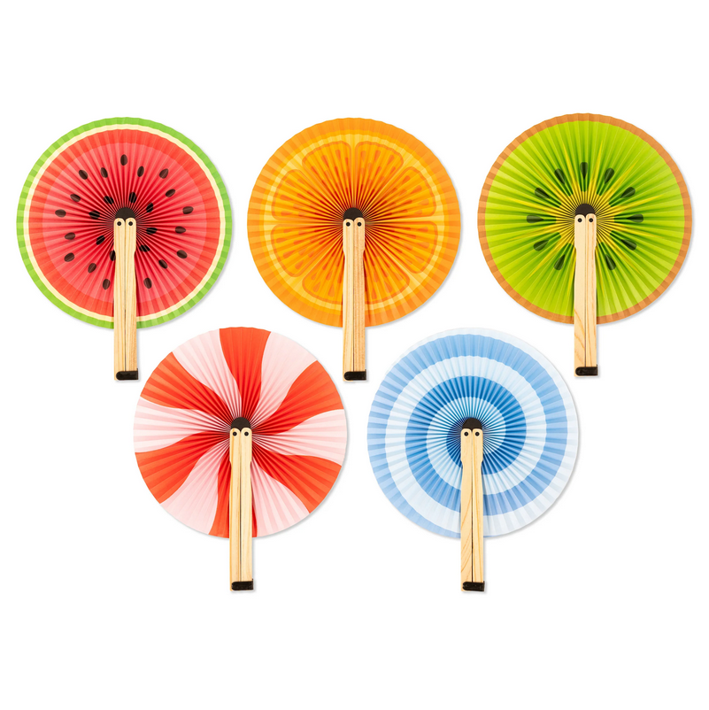 Set of six colorful paper fans shaped like fruits on a white background