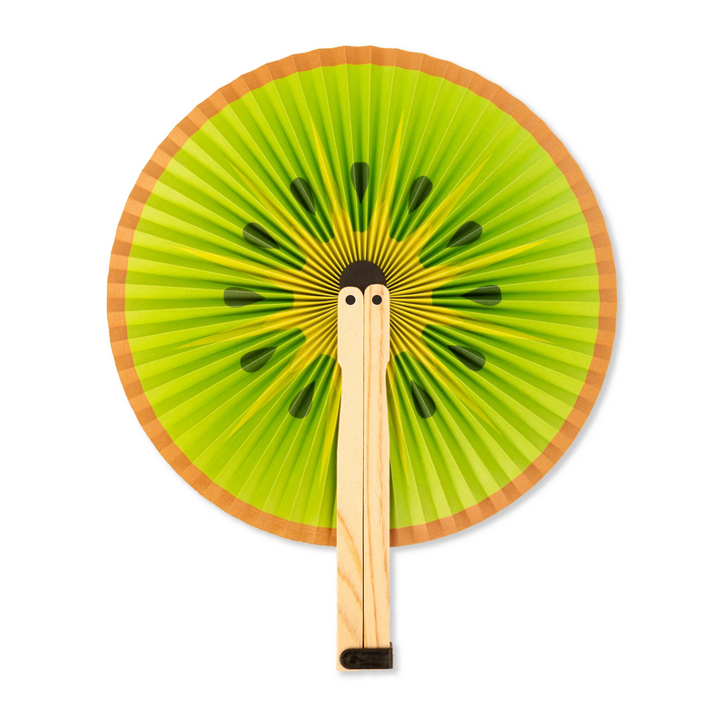 Fan-shaped object with a kiwi design on a white background