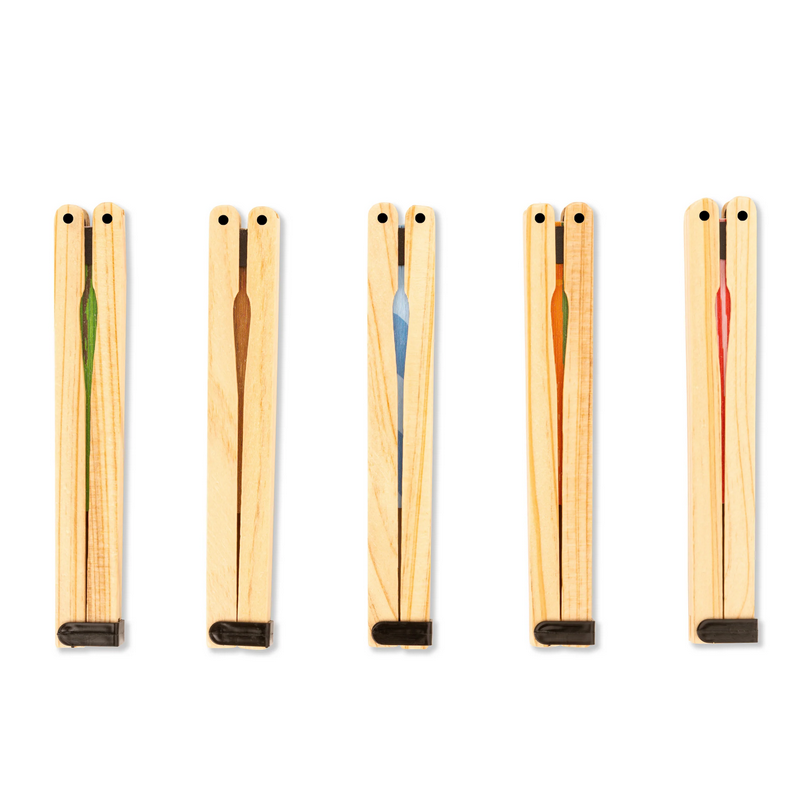 Set of six wooden tools with colorful inserts on a white background