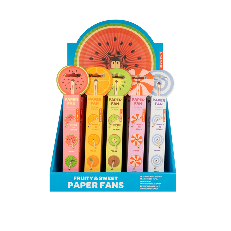 Display of colorful paper fans with fruit-themed designs in a blue box.