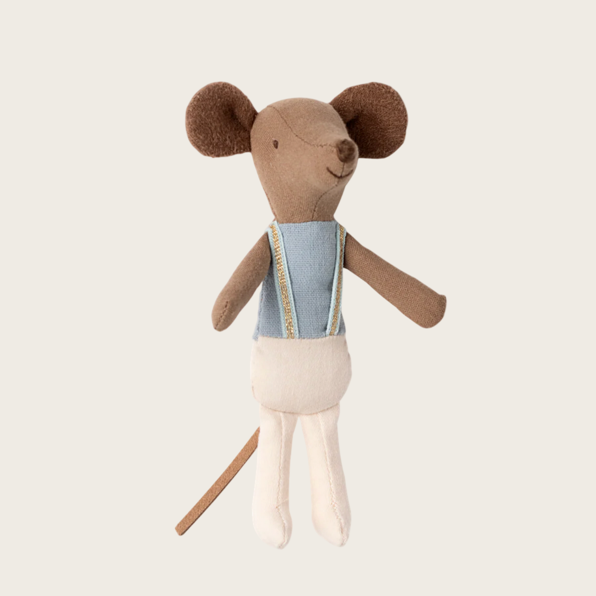 Stuffed toy mouse in ballet costume with a stick on a light gray background