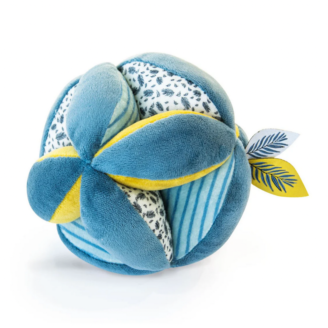 Blue and yellow textured ball with leaf accents on a white background