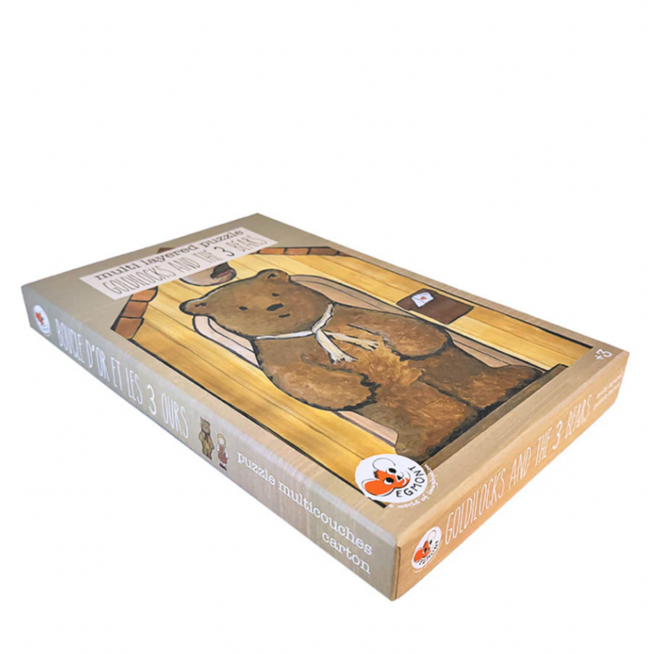 Cardboard box with a cartoon bear design on a white background