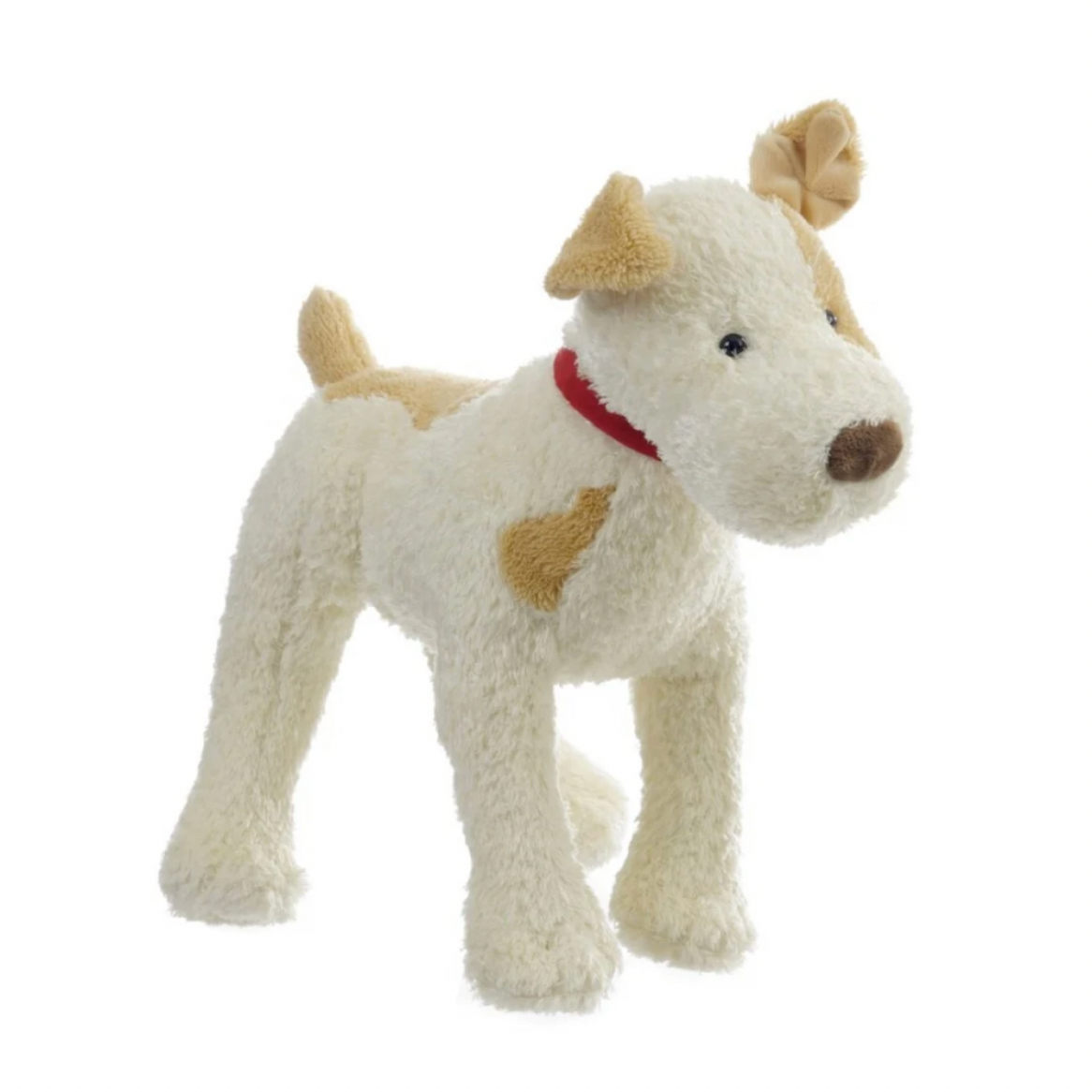 Plush dog toy with a red collar on a white background