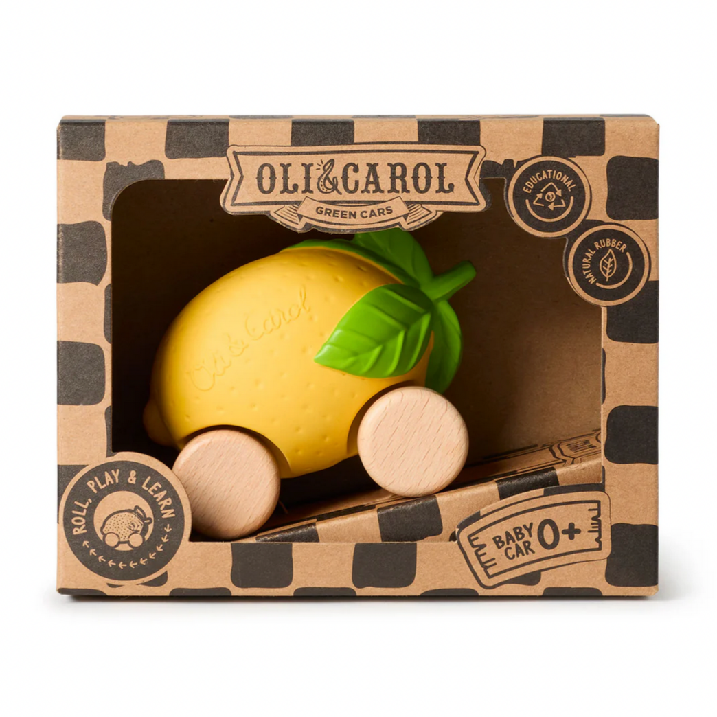 Yellow lemon-shaped toy with wooden wheels in a branded box on a white background