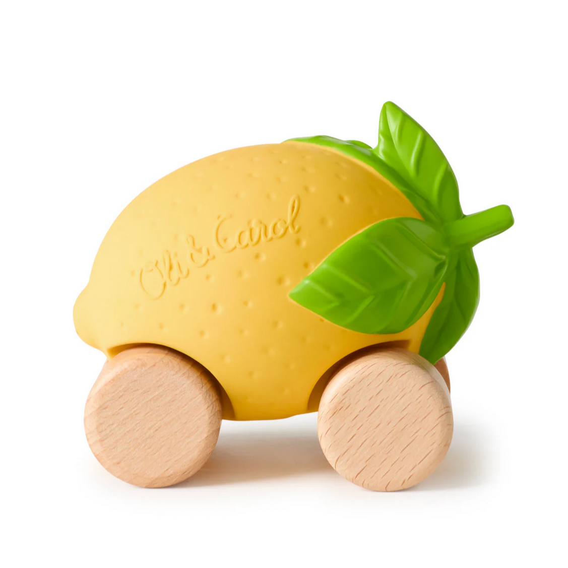 Toy lemon with wooden wheels on a white background