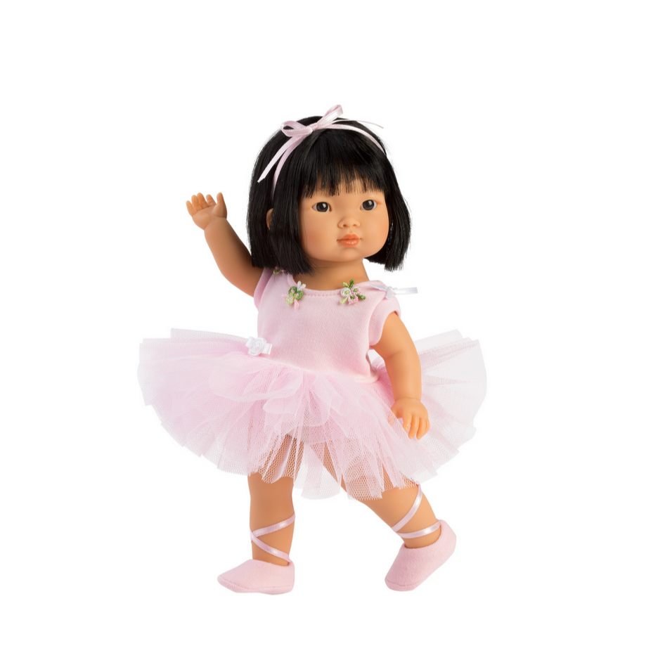 Doll in a pink ballet outfit on a white background