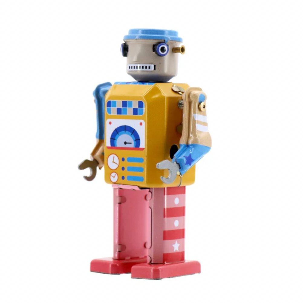 Toy robot figure with a colorful design on a white background