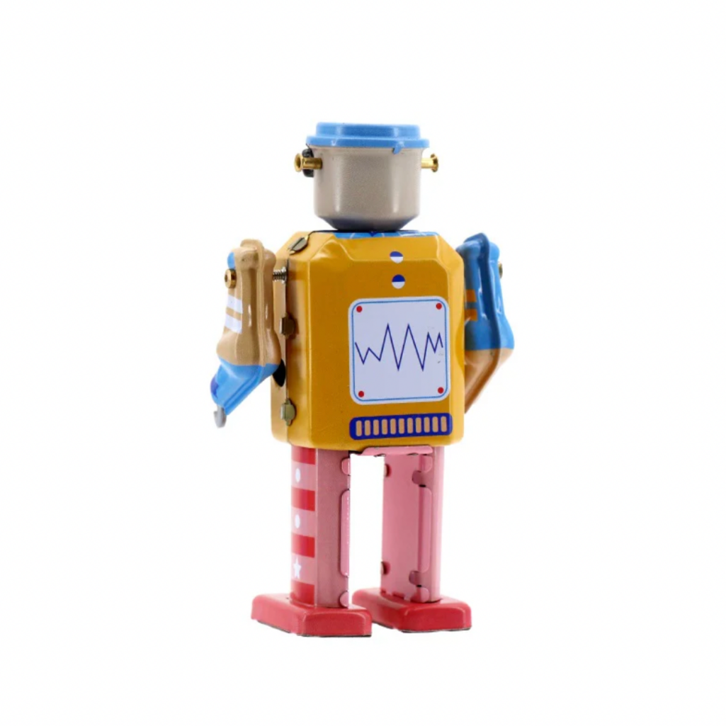 Toy robot with a yellow torso, pink legs, and blue helmet on a white background