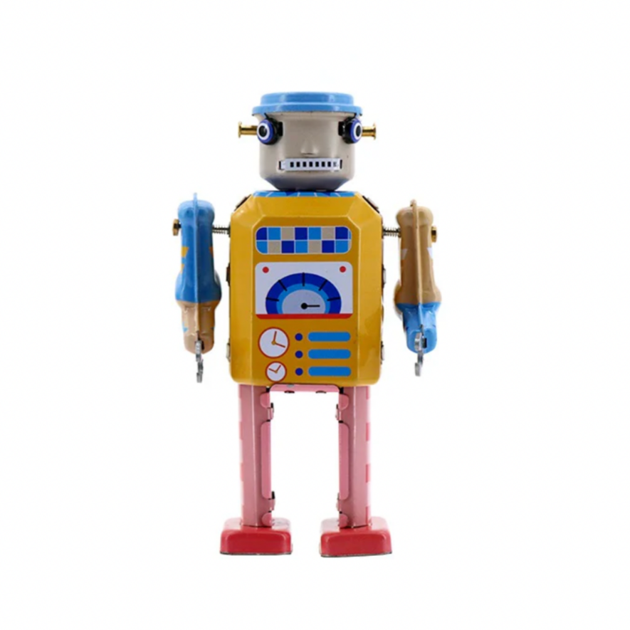 Toy robot with a retro design on a white background