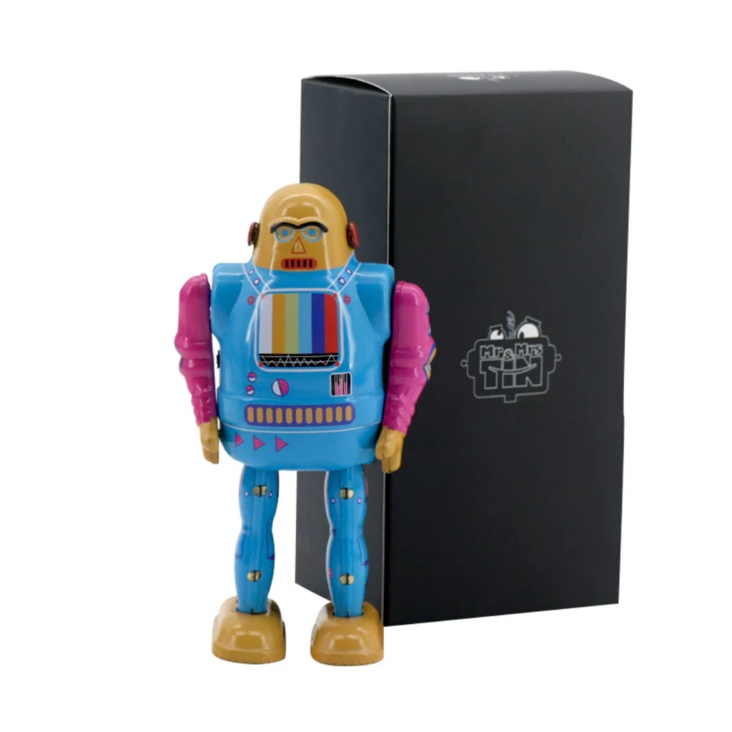 Toy robot with a colorful backpack on a white background