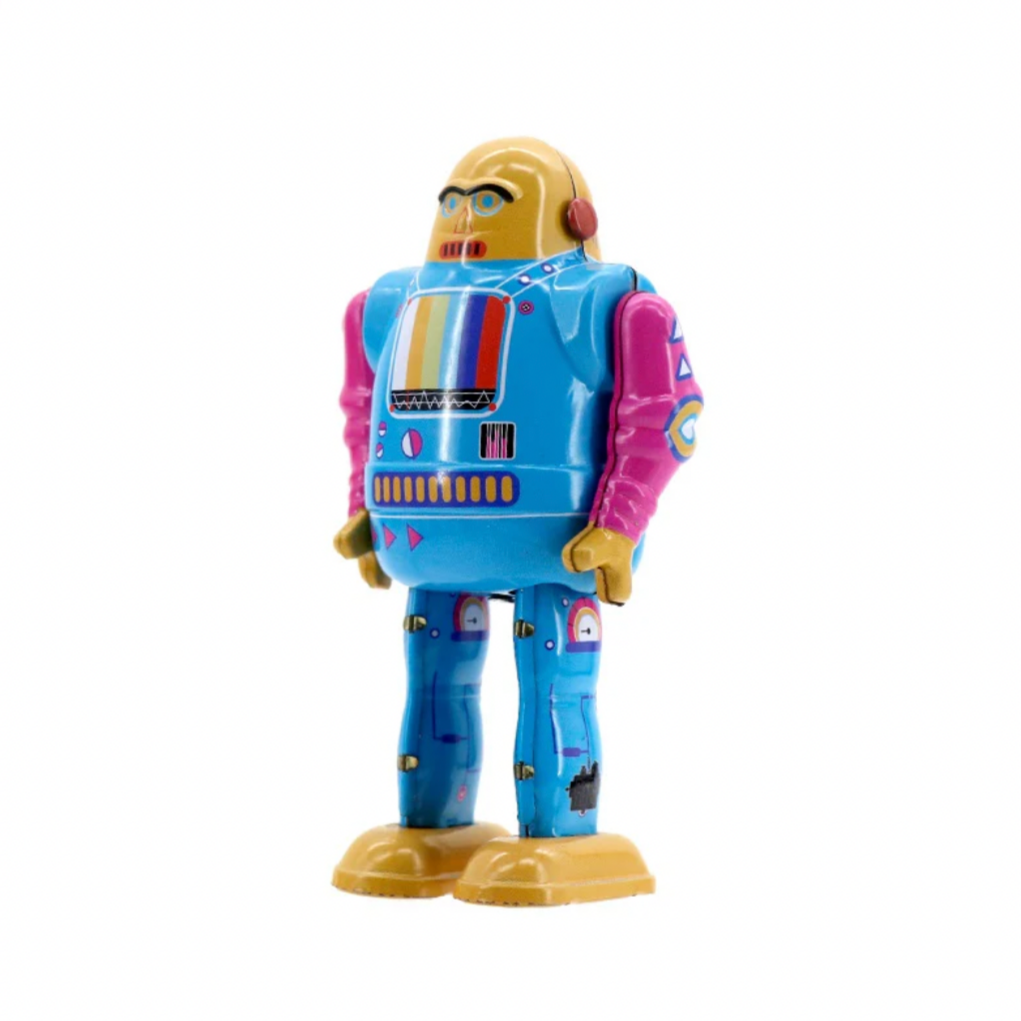 Colorful robot toy with a price tag on a white background